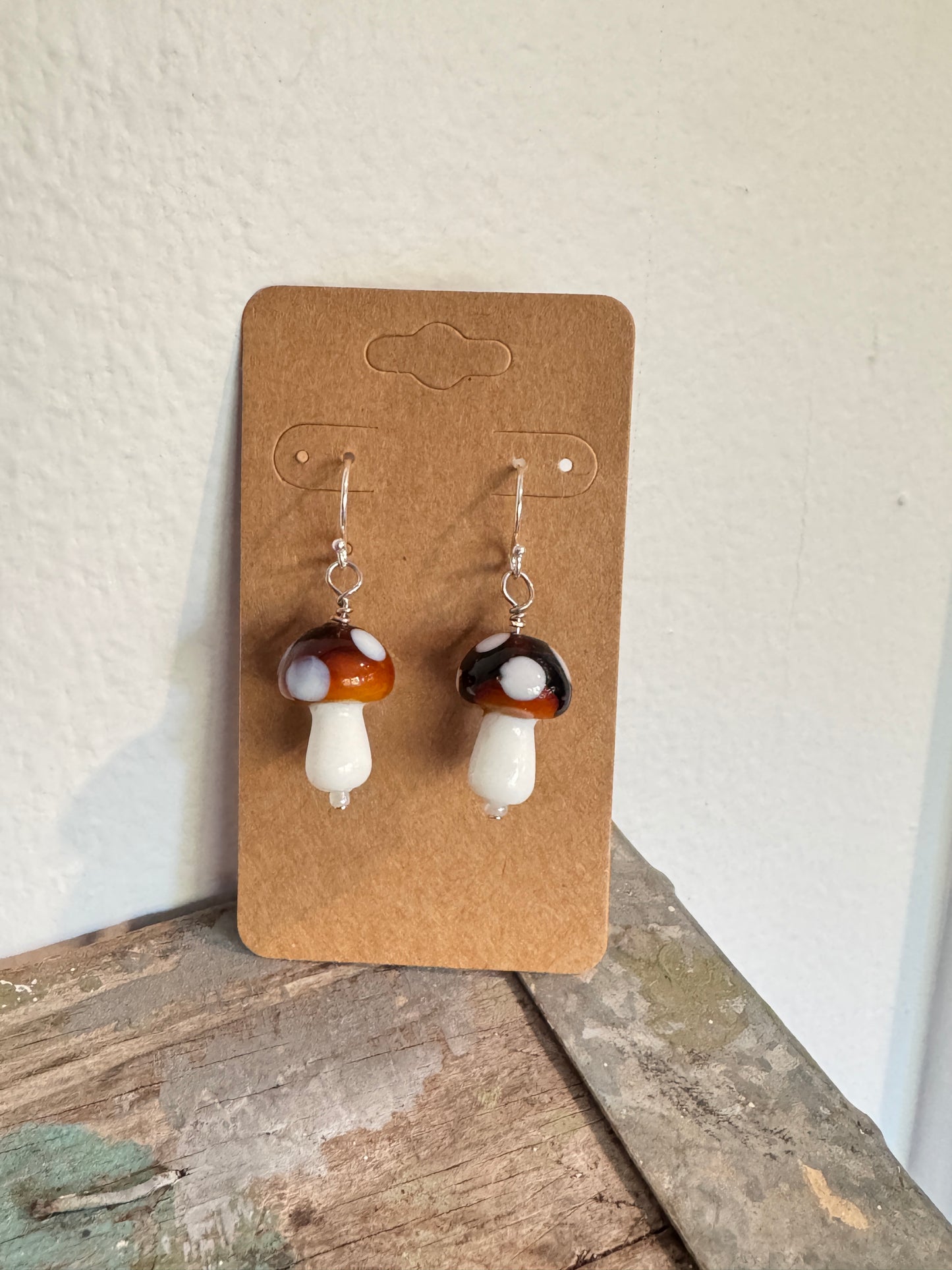 Handmade Brown Mushroom Glass Bead Earrings with Dots
