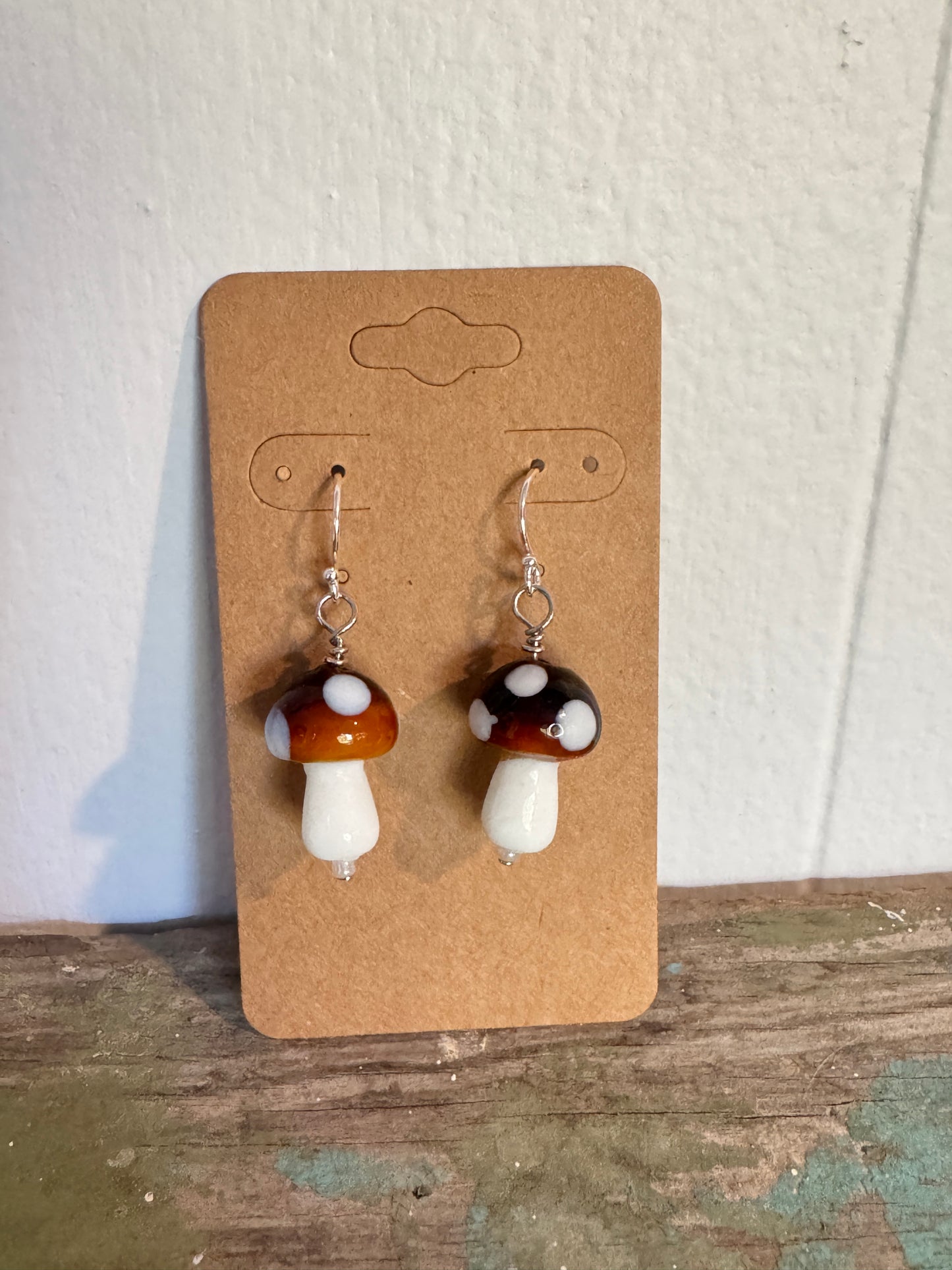 Handmade Brown Mushroom Glass Bead Earrings with Dots