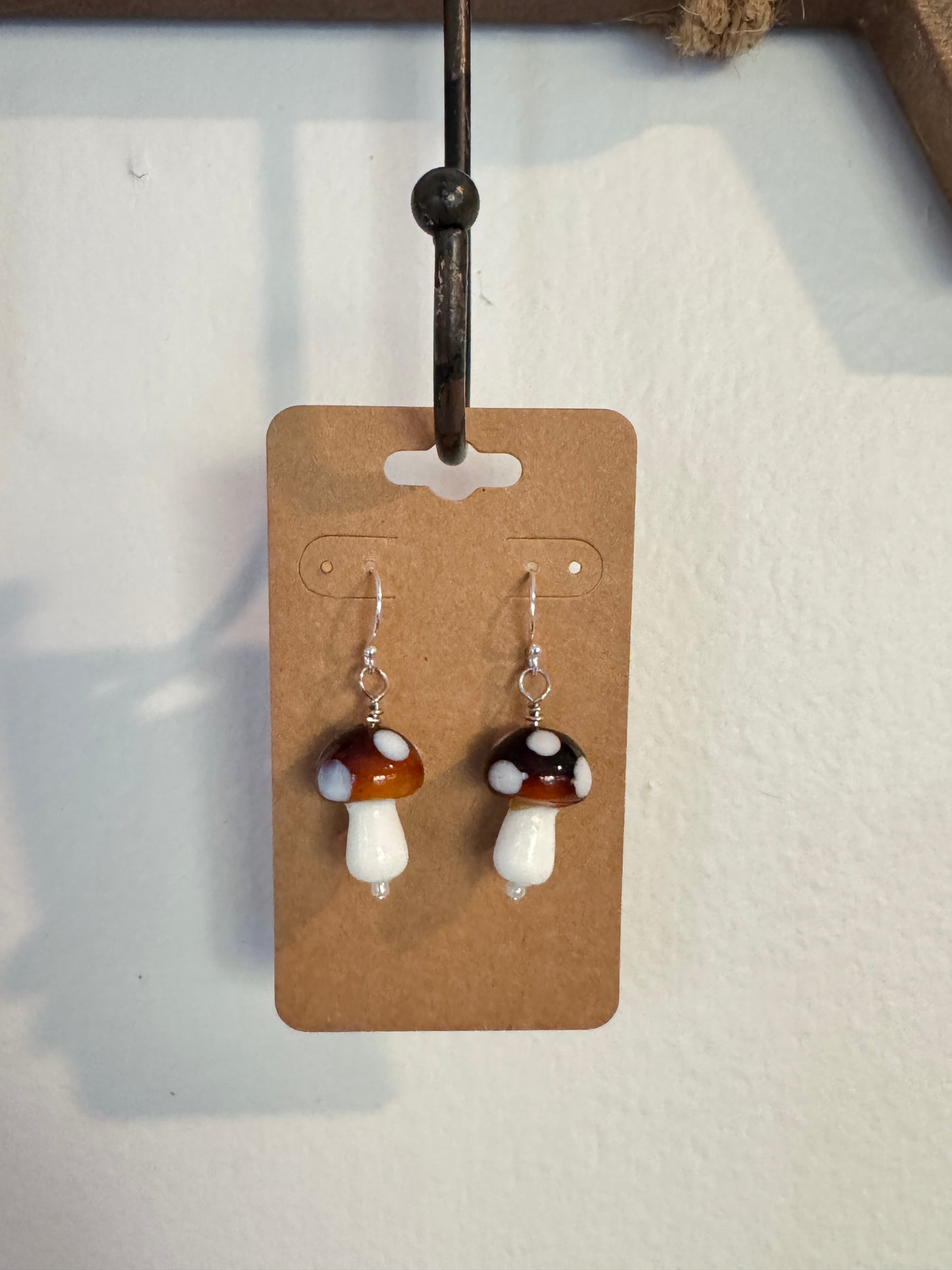 Handmade Brown Mushroom Glass Bead Earrings with Dots