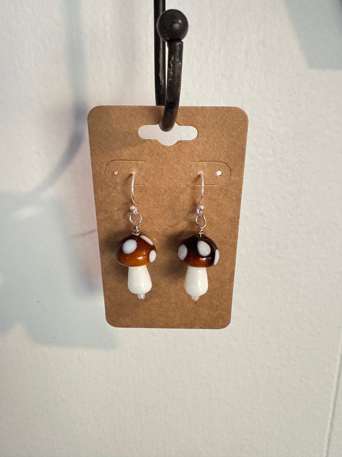 Handmade Brown Mushroom Glass Bead Earrings with Dots
