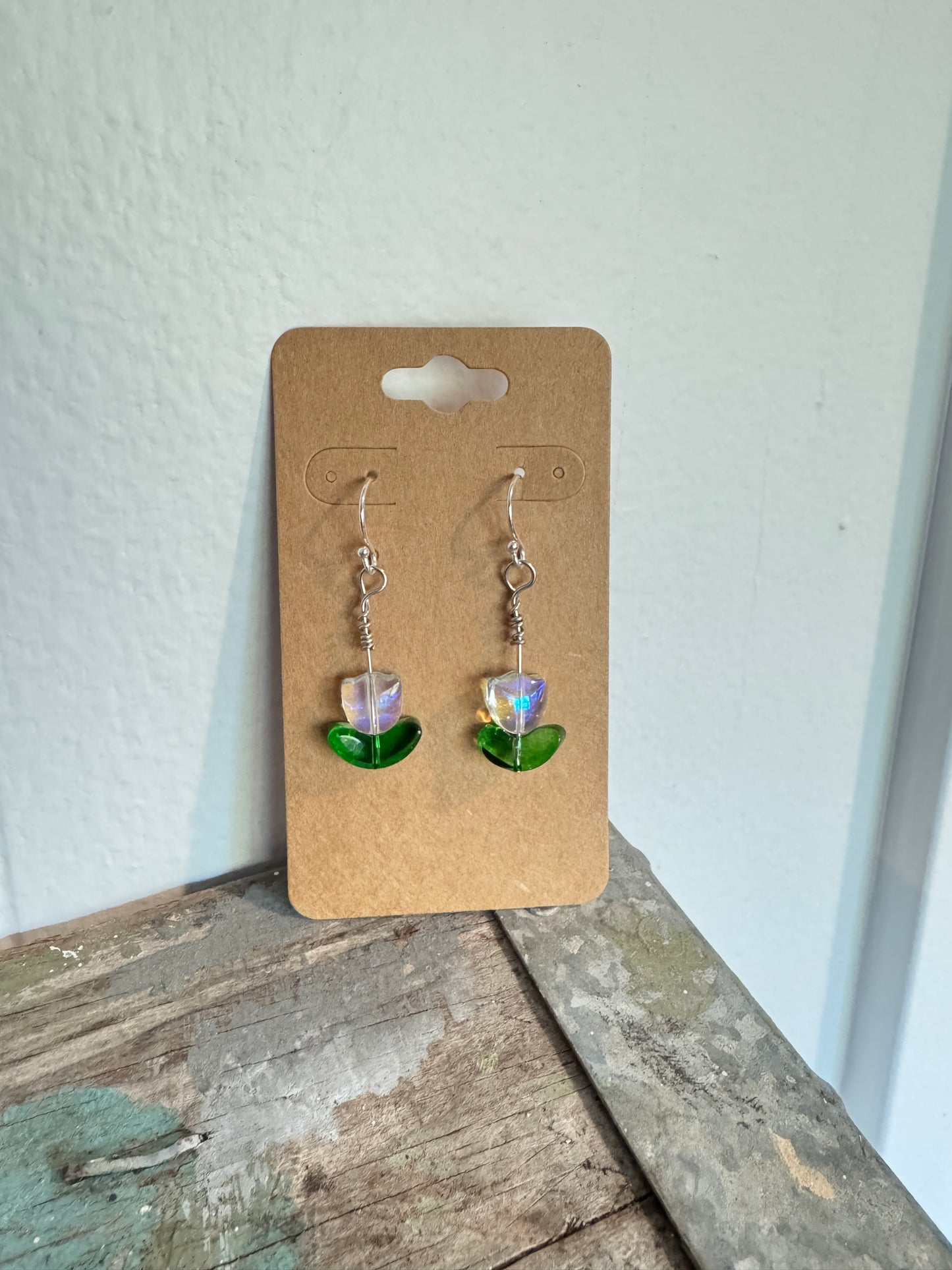 Iridescent Glass Bead Tulip Earrings - Handmade Flower Jewelry