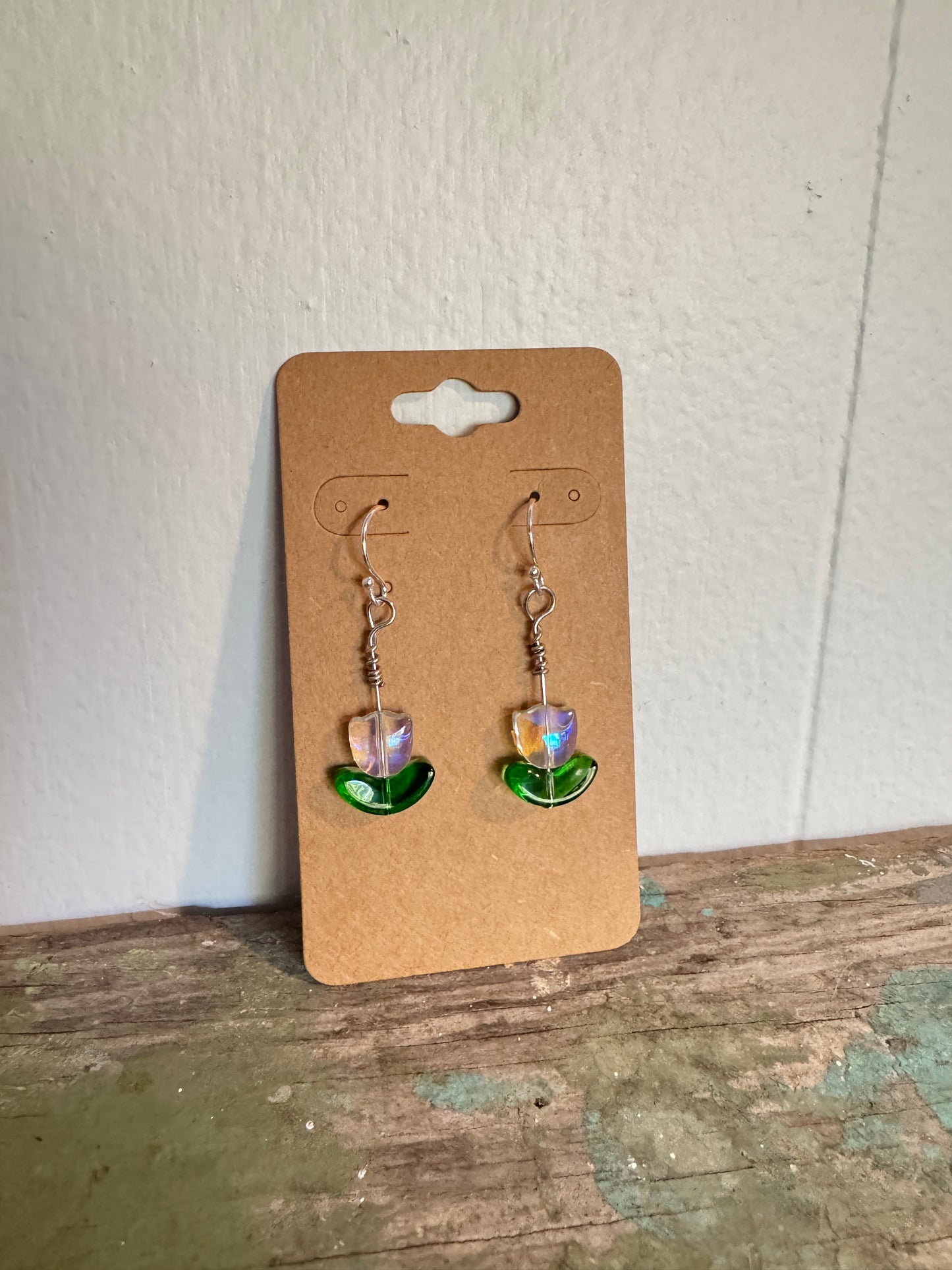 Iridescent Glass Bead Tulip Earrings - Handmade Flower Jewelry