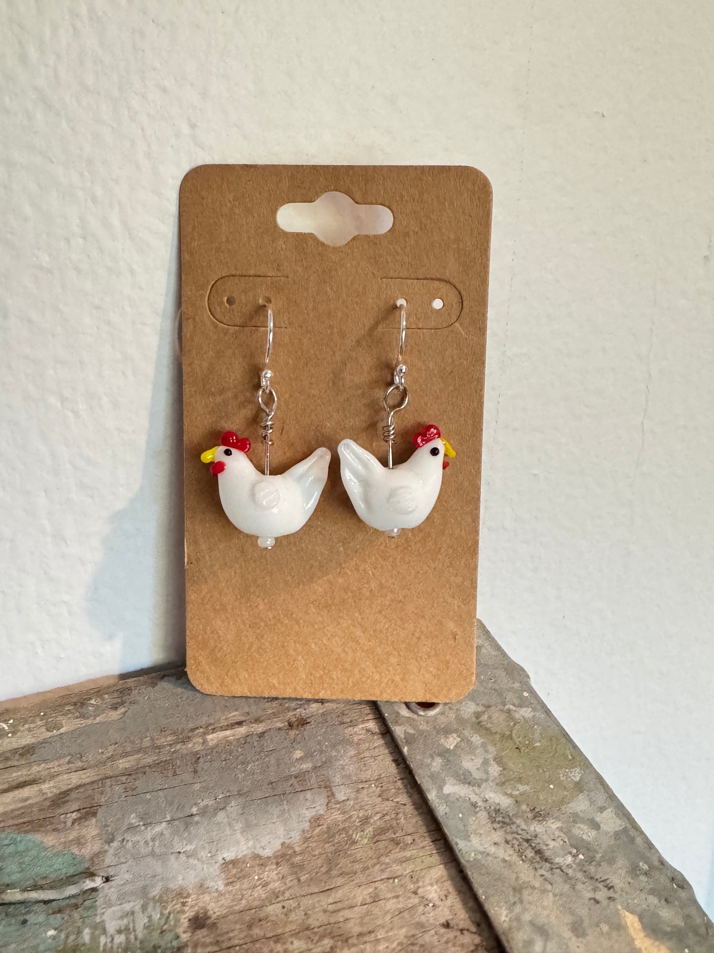 Handmade White Chicken Earrings - Glass Bead Farm Jewelry