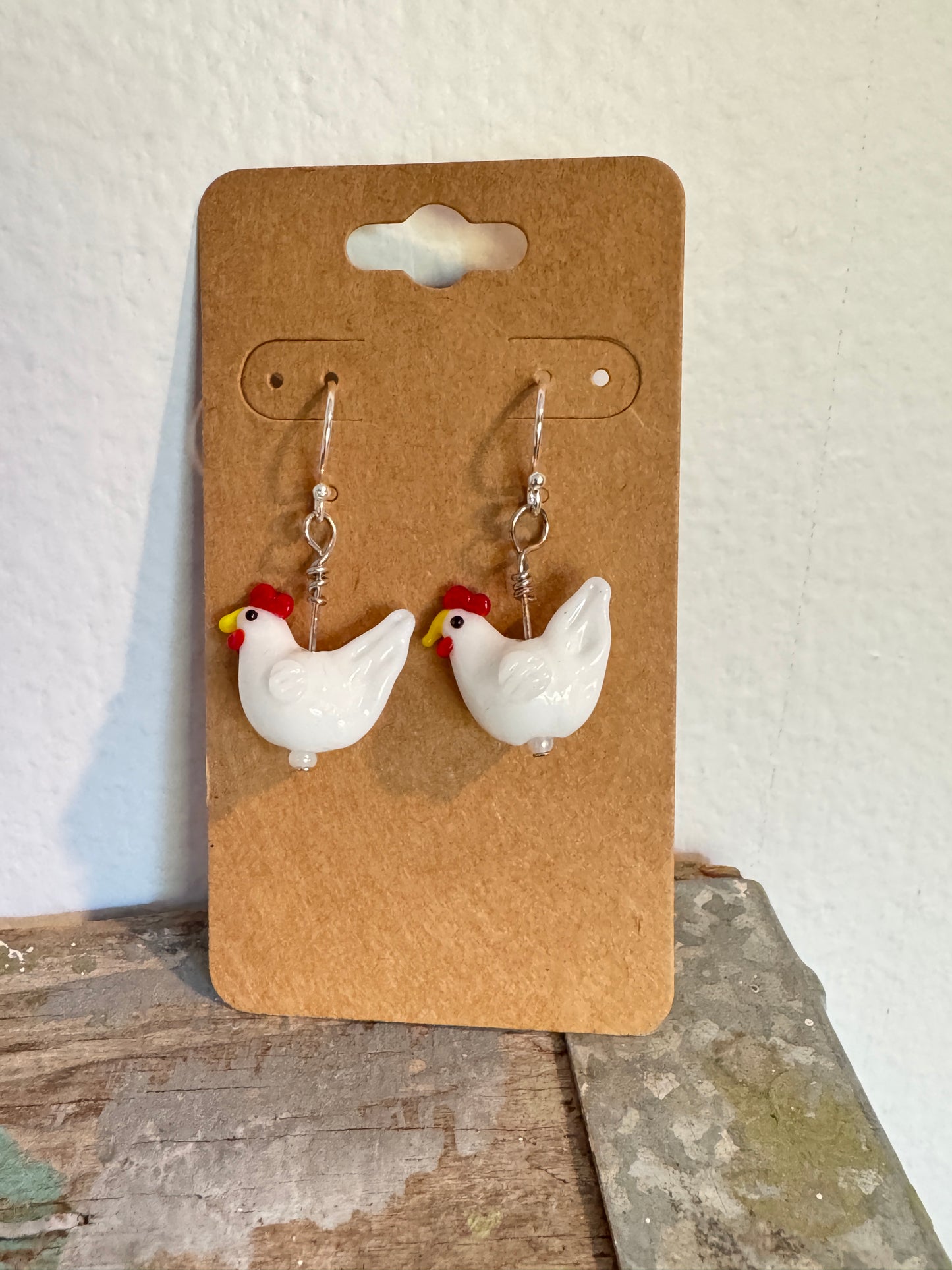 Handmade White Chicken Earrings - Glass Bead Farm Jewelry