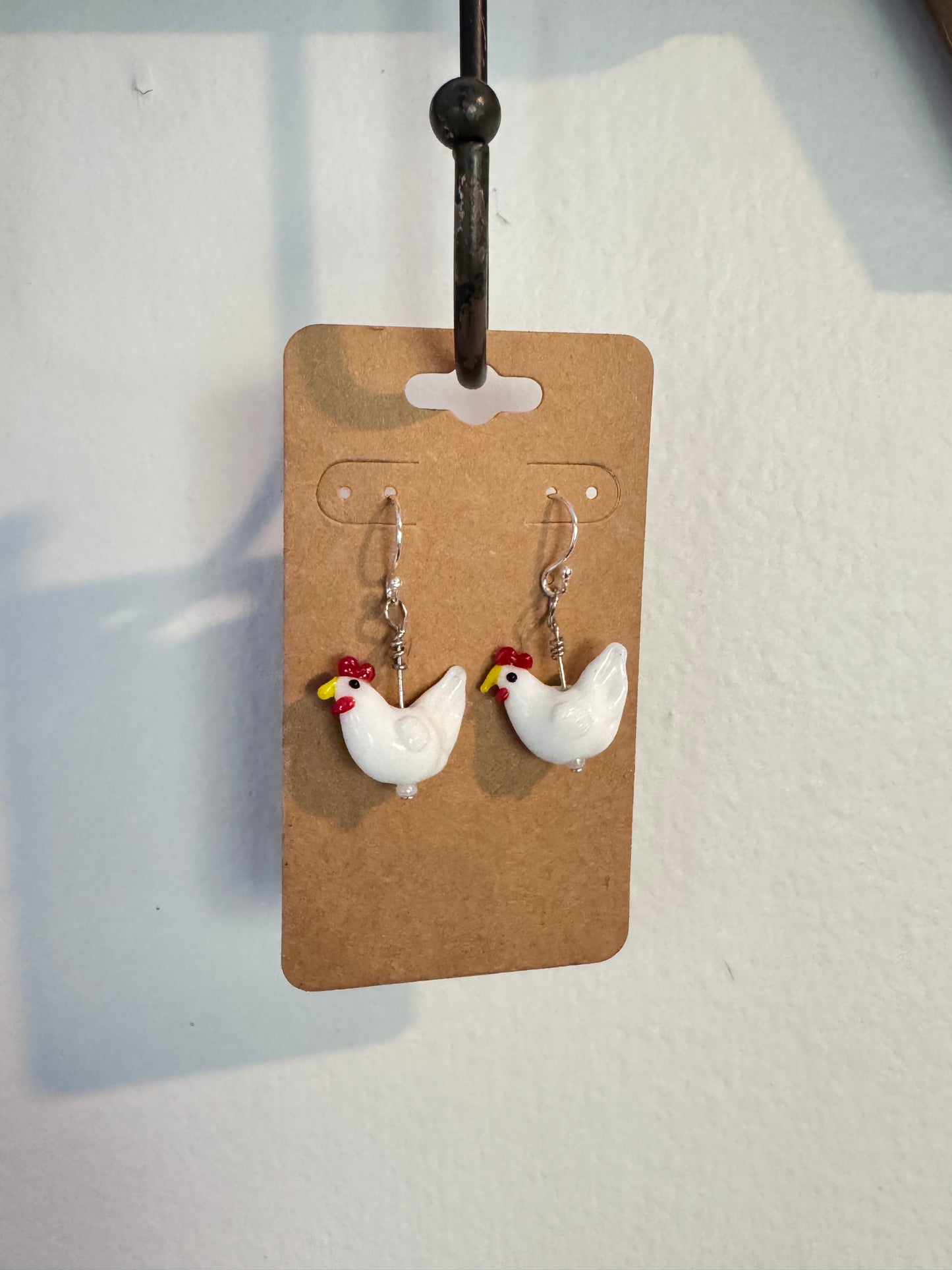 Handmade White Chicken Earrings - Glass Bead Farm Jewelry