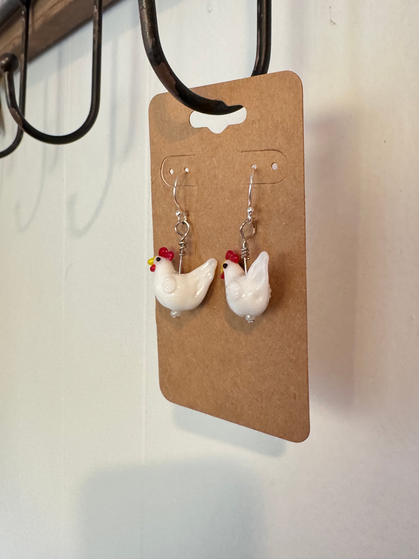 Handmade White Chicken Earrings - Glass Bead Farm Jewelry