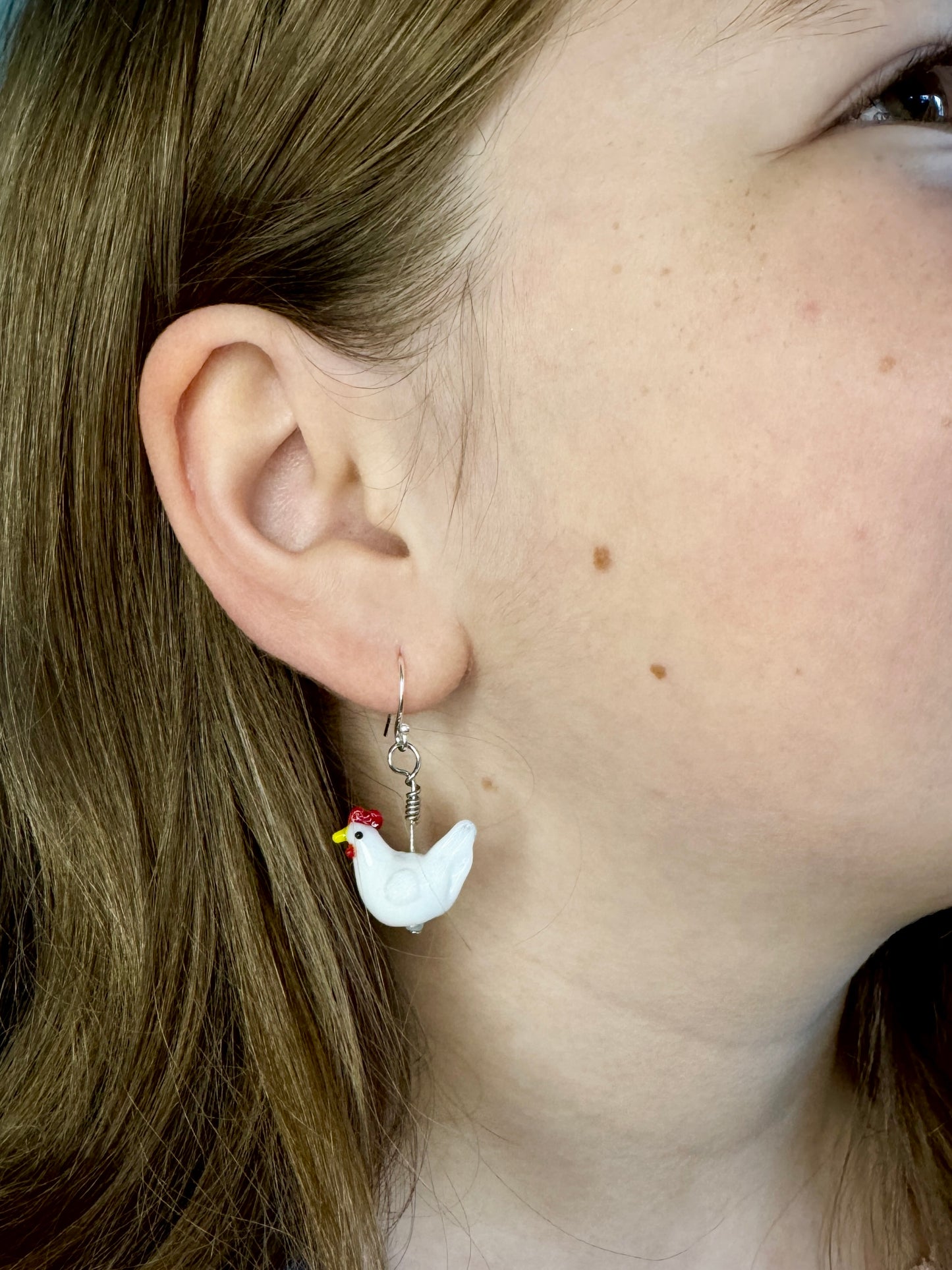 Handmade White Chicken Earrings - Glass Bead Farm Jewelry