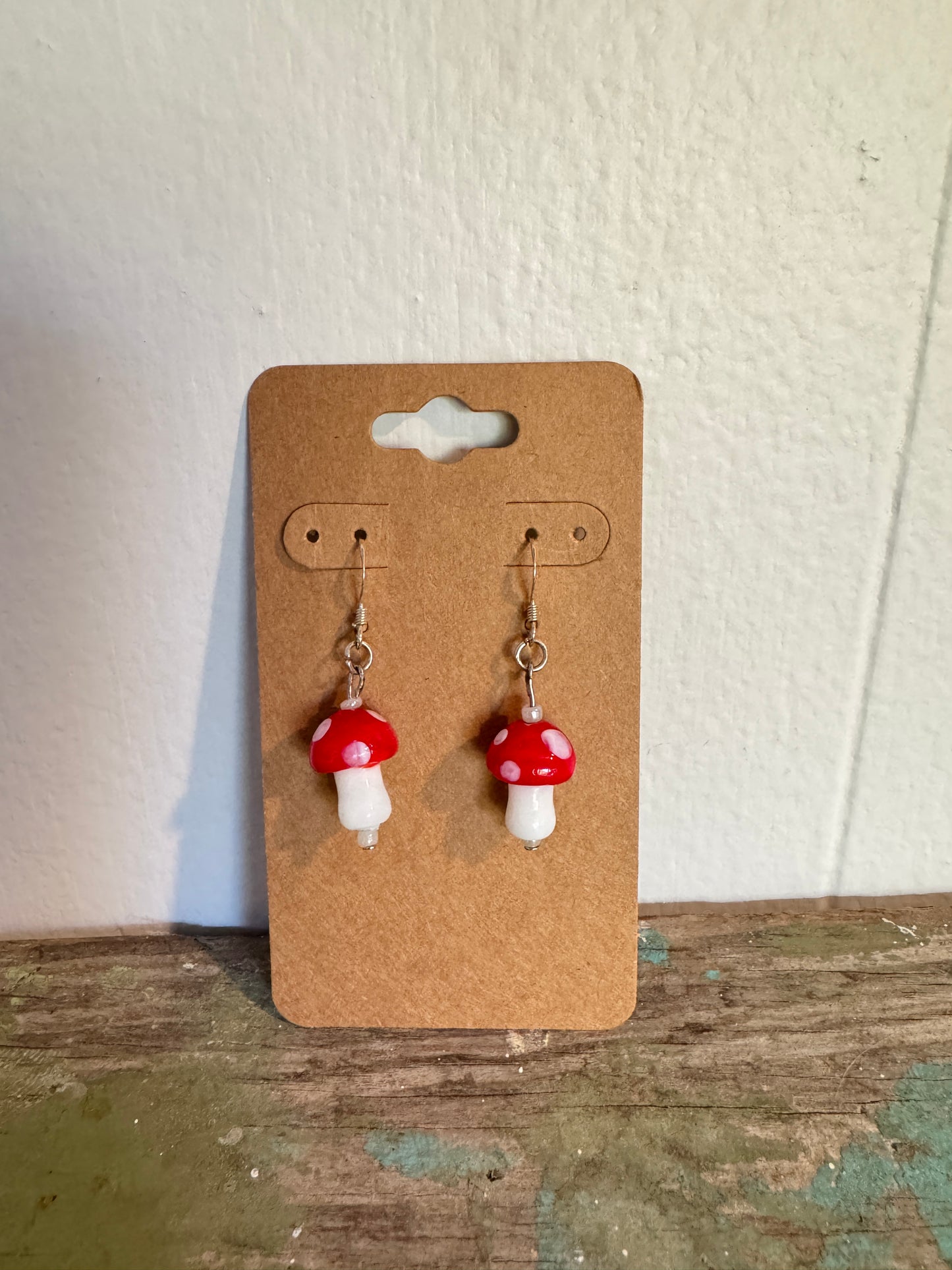 Handmade Red Mushroom Glass Bead Earrings